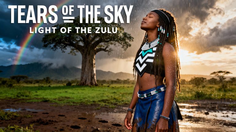 Conceptual art for DJ CashD's 'Tears of the Sky' featuring abstract raindrops transforming into light over a silhouette of the Zulu landscape at dusk.