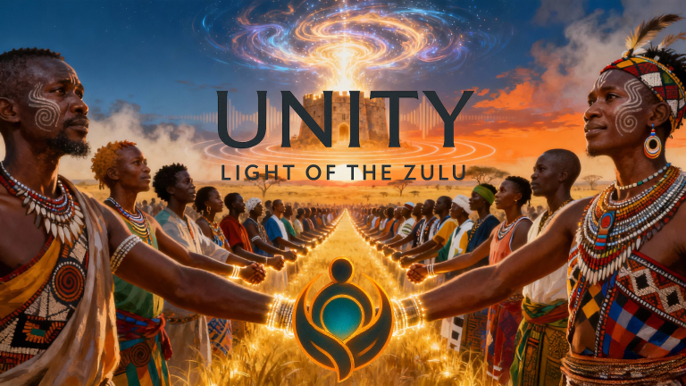 Conceptual art for DJ CashD's song Unity (Ubunye), showing a diverse group of people's silhouettes forming a fortress against a vibrant sunrise, symbolizing strength and togetherness.