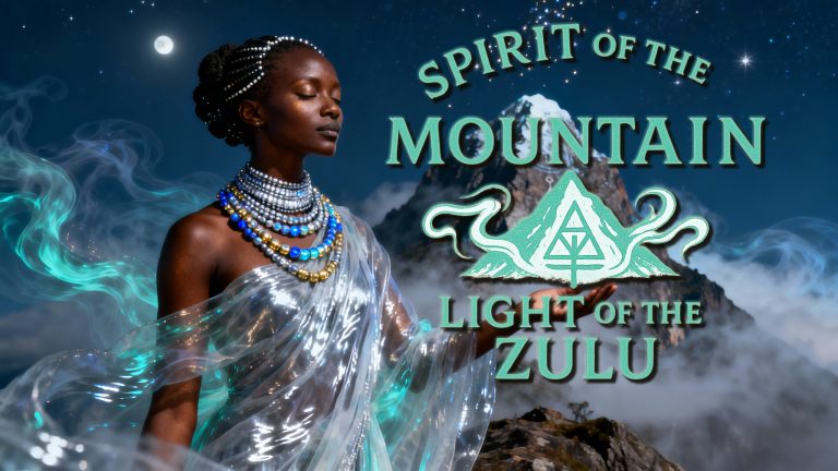 DJ CashD stands silhouetted against a majestic, sun-drenched mountain range at dawn, with ethereal light patterns weaving through the air, symbolizing the ancestral energy of his Afro House track 'The Spirit of the Mountain (Umoya Wentaba)'.