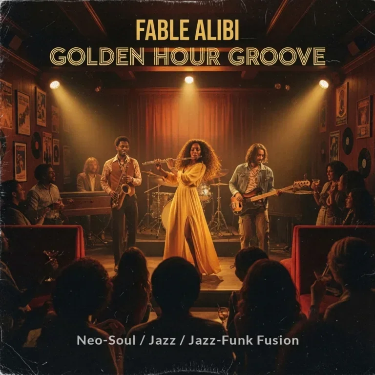 Vintage vinyl album cover for Golden Hour Groove by Fable Alibi, featuring Elena Cross on flute, Sterling Brooks on saxophone, Wyatt Mercer on bass, and Patrick Vance on piano in a warm 1970s jazz club.
