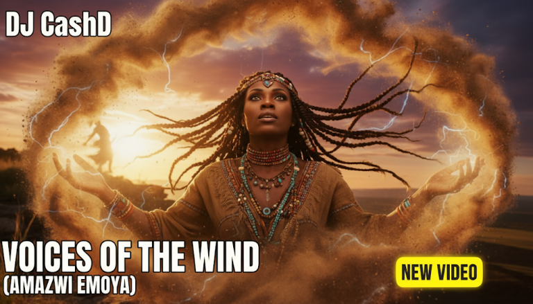DJ CashD stands in a recording studio, silhouetted against a projection of a vast South African savanna at sunrise, representing the song 'Voices of the Wind (Amazwi Emoya )'.
