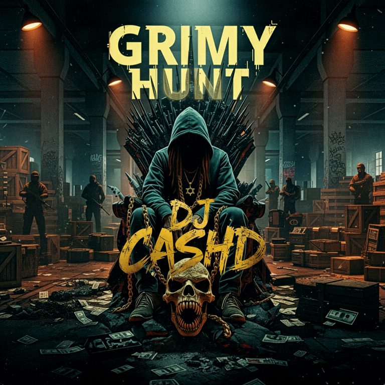 DJ CashD Grimy Hunt Album Cover art featuring a hooded figure sitting on an iron throne in a warehouse, wearing a Star of David chain with a skull and gold chains at his feet.