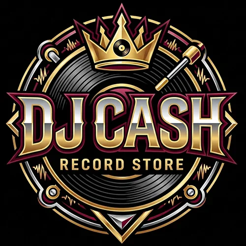 DJ Cash Record Store official logo featuring a matte black vinyl record and champagne gold monogram emblem for djcash.com.